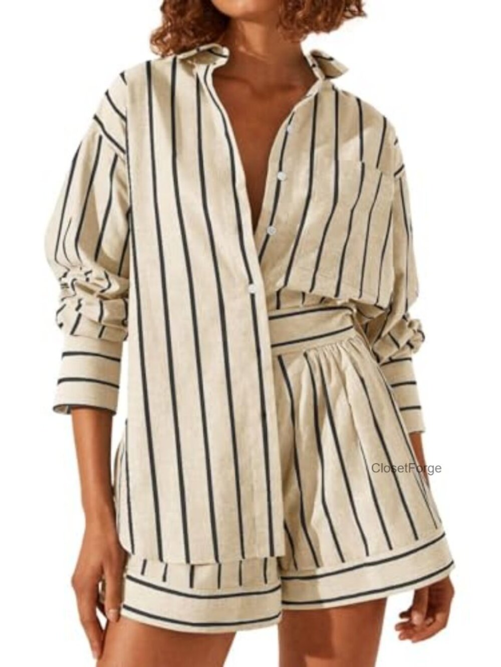Striped 2 Piece Shorts Set Long Sleeve Button Down Lounge Outfit